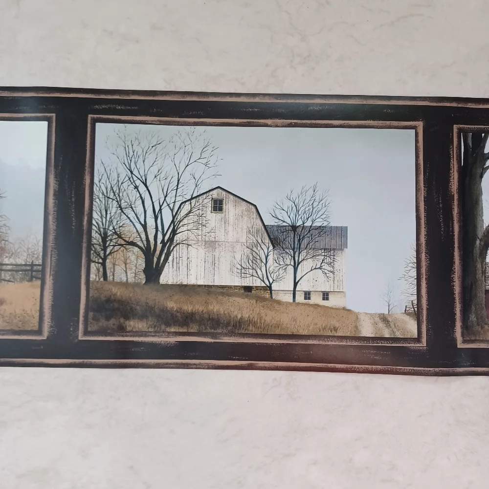 Wallpaper Border Country Farmhouse & Barn Scenes - Black